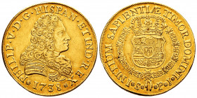 Philip V (1700-1746). 8 escudos. 1738. Sevilla. PJ. (Cal-2314). (Cal-537, as "rare"). Au. 26,98 g. Without value indication. Last year. Minor nicks. W...