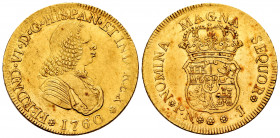 Ferdinand VI (1746-1759). 4 escudos. 1760. Popayán. J. (Cal-719). (Restrepo-22-6). Au. 13,47 g. Without value indication. Posthumous issue. Minor hair...