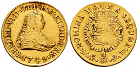 Ferdinand VI (1746-1759). 8 escudos. 1749. México. MF. (Cal-783). (Cal onza-599). Au. 26,87 g. Used as a jewelry piece. Rare. Almost VF. Est...2000,00...