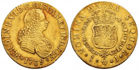 Ferdinand VI (1746-1759). 8 escudos. 1759. Santiago. J. (Cal-838). (Cal onza-659). Au. 26,94 g. Different bust. FERDIND legend. Without value indicati...
