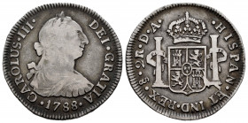 Charles III (1759-1788). 2 reales. 1788. Santiago. DA. (Cal-769). Ag. 6,52 g. Very rare. Toned. Choice F/Almost VF. Est...450,00. 

Spanish Descript...