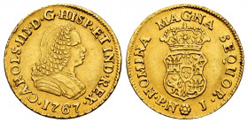 Charles III (1759-1788). 1 escudo. 1767. Popayán. J. (Cal-1412). (Restrepo-48-8). Au. 3,35 g. Bust of Ferdinand VI. Very rare. Minor scratch. Almost X...