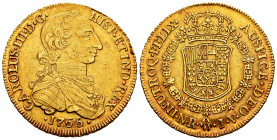 Charles III (1759-1788). 8 escudos. 1765. Santa Fe de Nuevo Reino. JV. (Cal-2083). (Cal onza-851). (Restrepo-71-6b). Au. 27,03 g. "Rat nose" type. Pel...