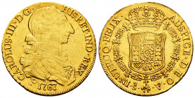 Charles III (1759-1788). 8 escudos. 1767. Santiago. A. (Cal-2136). (Cal onza-910). Au. 27,03 g. "Rat nose" type. Inverted assayer´s mark. Weak strike....