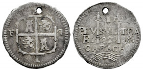 Ferdinand VII (1808-1833). 1 real. 1820. Caracas. BS. (Cal-503). Rev.: . . Ag. 2,27 g. Castles and lions. Puncture, usual in these pieces. Some minor ...