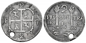 Ferdinand VII (1808-1833). 2 reales. 1817. Caracas. BS. (Cal-728). Ag. 4,53 g. Lions and castles. First year of the series. Holed. Very rare. Choice V...