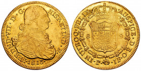 Ferdinand VII (1808-1833). 8 escudos. 1813. Popayán. JF. (Cal-1815). (Cal onza-1287). Au. 26,85 g. Bust of Charles IV. Original luster. Scratches. Alm...