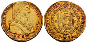 Ferdinand VII (1808-1833). 8 escudos. 1810. Santiago. FJ. (Cal-1863). (Cal onza-1346). Au. 27,03 g. Admiral bust. Beautiful color. Original luster on ...