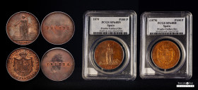 Provisional Government (1868-1871). A pair of uniface copper Trial Strikes for the gold 100 Pesetas 1870 (Cal-43/44) and stamped "Prueba" on the rever...