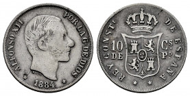 Alfonso XII (1874-1885). 10 centavos. 1884. Manila. (Cal-100). Ag. 2,52 g. Very rare. Almost VF/VF. Est...800,00. 

Spanish Description: Alfonso XII...