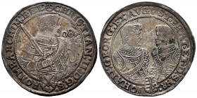 Germany. Saxony. Christian II, Johann Georg I & August. 1 thaler. 1608. Dresden. HR. (Dav-7566). (Km-24). Ag. 28,83 g. Patina. This coin is exempt fro...