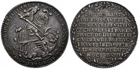 Germany. Saxony. Johann Georg II. 1 thaler. 1678. (Dav-7633). (Km-565). Anv.: St. George slaying the dragon. Rev.: Nine line inscription in laurel wre...