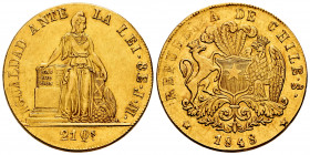 Chile. 8 escudos. 1848. Santiago. JM. (Km-105). (Fried-41). Au. 27,06 g. DICIEMBRE on the edge. Some luster. XF. Est...1600,00. 

Spanish Descriptio...