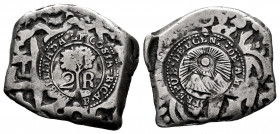 Costa Rica. 2 reales. 18(46)JB. (Km-54, Type V). Ag. 5,44 g. Countermark on 2 Reales of Fernando VI, 1753 Potosí. Scarce. Choice VF. Est...400,00. 
...