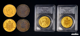 France. Napoleon III. Pair of Certified gilt-bronze Specimen Pattern Uniface Obverse & Reverse Trial 100 Francs 1855-A. Slabbed by PCGS as SP63. This ...