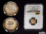 Central American Republic. 1 real. 1824. Guatemala. M (Manuel Eusebio Sánchez). (Km-3). Ag. Slabbed by NGC MS 67 WINGS APPROVED (Top pop). Gem iridesc...