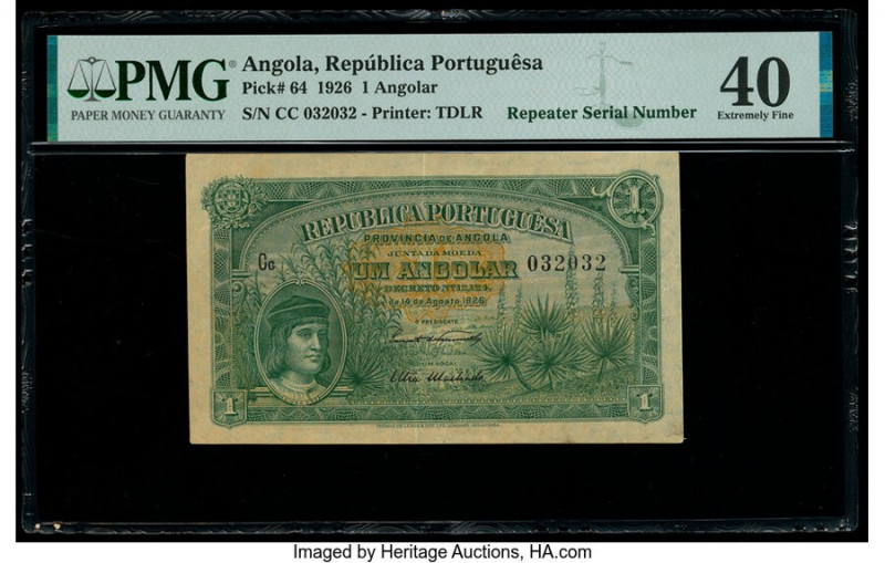 Angola Republica Portuguesa 1 Angolar 14.8.1926 Pick 64 PMG Extremely Fine 40. 
...