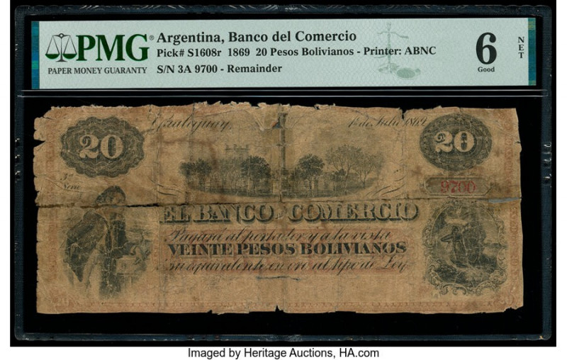 Argentina Banco del Comercio 20 Pesos Bolivianos 1.7.1869 Pick S1608r Remainder ...