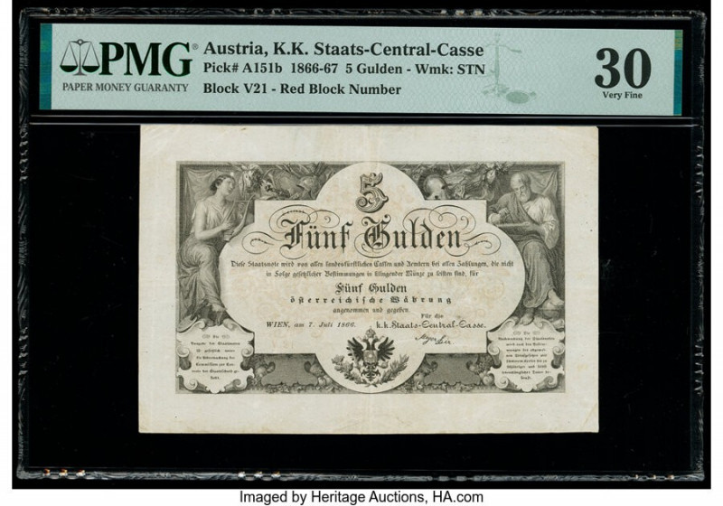 Austria K.K Staats-Central-Cassa 5 Gulden 7.7.1866 Pick A151b PMG Very Fine 30. ...