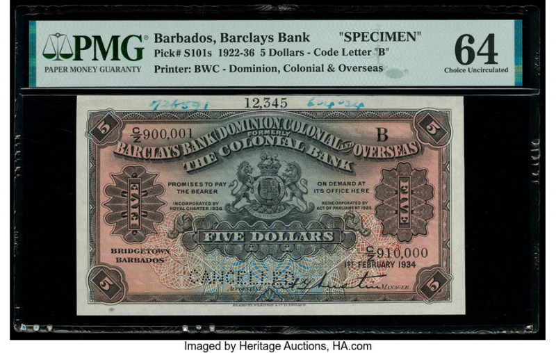 Barbados Barclays Bank 5 Dollars 1.2.1934 Pick S101s Specimen PMG Choice Uncircu...