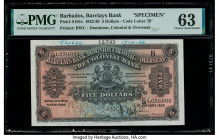 Barbados Barclays Bank 5 Dollars 1.1.1936 Pick S101s Specimen PMG Choice Uncirculated 63. Previously mounted, annotations and perforated cancelled. 

...