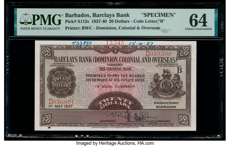 Barbados Barclays Bank 20 Dollars 1.5.1937 Pick S112s Specimen PMG Choice Uncirc...