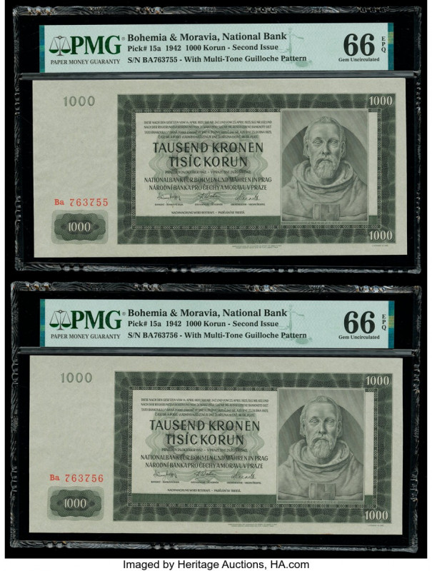 Bohemia and Moravia National Bank 1000 Korun 1942 Pick 15a Two Consecutive Examp...