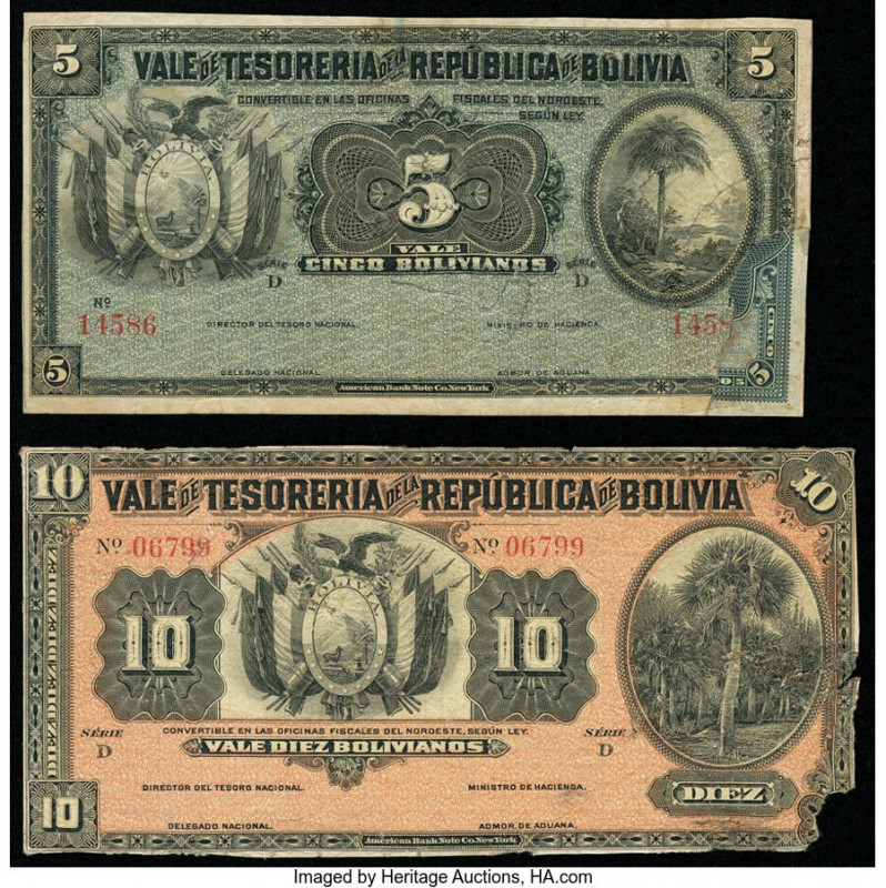 Bolivia Tesoreria de la Republica 5; 10 Bolivianos 1902 Pick 93r; 94r Two Remain...