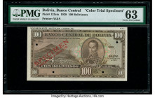 Bolivia Banco Central 100 Bolivianos 20.7.1928 Pick 133cts Color Trial Specimen PMG Choice Uncirculated 63. Cancelled with 2 punch holes and previousl...