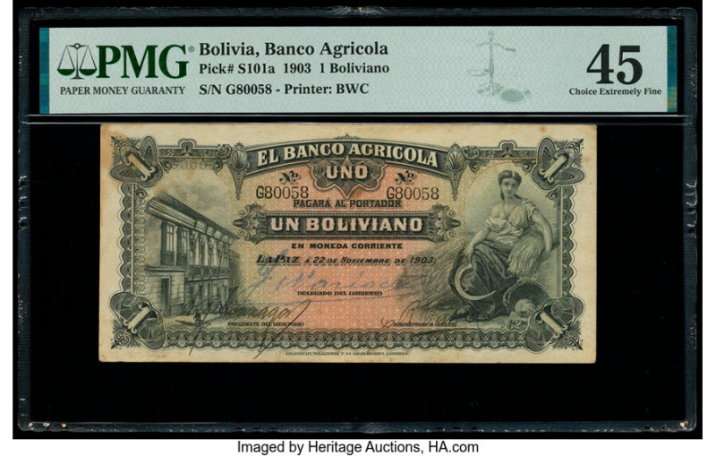 Bolivia Banco Agricola 1 Boliviano 22.11.1903 Pick S101a PMG Choice Extremely Fi...