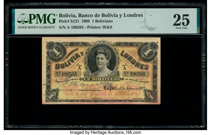 Bolivia Banco de Bolivia y Londres 1 Boliviano 1.2.1909 Pick S121 PMG Very Fine ...