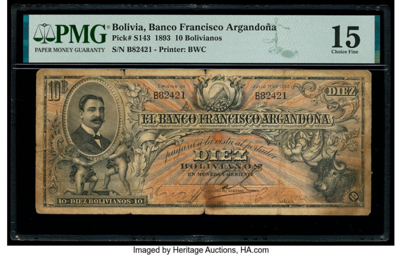 Bolivia Banco Francisco Argandona 10 Bolivianos 1.7.1893 Pick S143 PMG Choice Fi...
