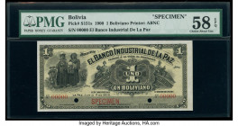 Bolivia Banco Industrial de La Paz 1 Boliviano 1.6.1900 Pick S151s Specimen PMG Choice About Unc 58 EPQ. Cancelled with 3 punch holes. 

HID0980124201...