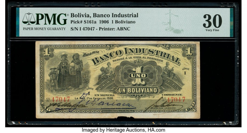 Bolivia Banco Industrial 1 Boliviano 1.1.1906 Pick S161a PMG Very Fine 30. Stain...
