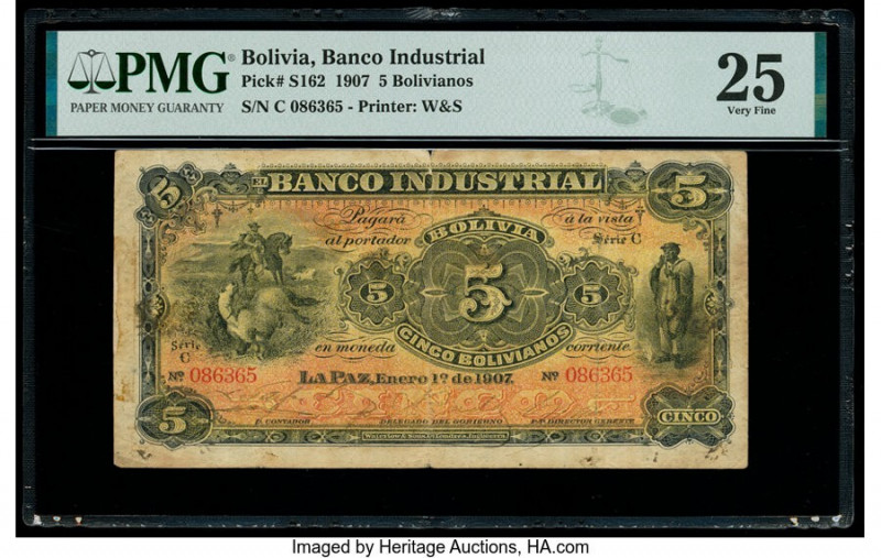 Bolivia Banco Industrial 5 Bolivianos 1.1.1907 Pick S162 PMG Very Fine 25. Stain...