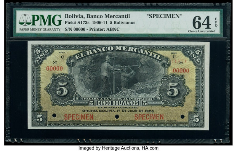 Bolivia Banco Mercantil 5 Bolivianos 1.7.1906 Pick S173s Specimen PMG Choice Unc...
