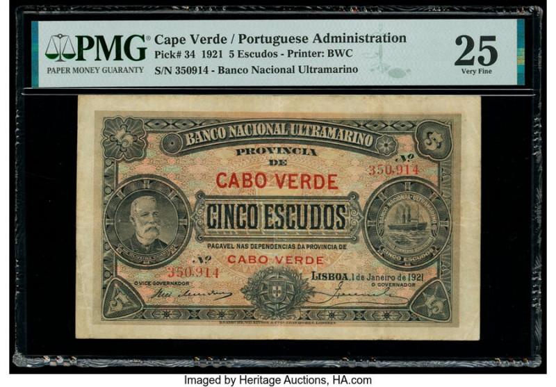 Cape Verde Banco Nacional Ultramarino 5 Escudos 1.1.1921 Pick 34 PMG Very Fine 2...