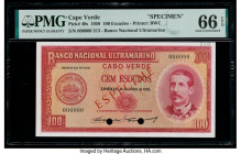 Cape Verde Banco Nacional Ultramarino 100 Escudos 16.6.1958 Pick 49s Specimen PMG Gem Uncirculated 66 EPQ. Red Especimene overprints and two POCs are ...
