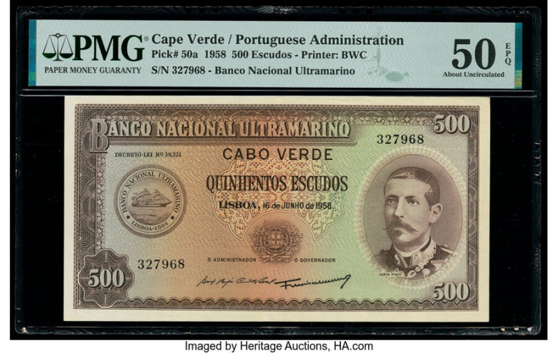 Cape Verde Banco Nacional Ultramarino 500 Escudos 16.6.1958 Pick 50a PMG About U...
