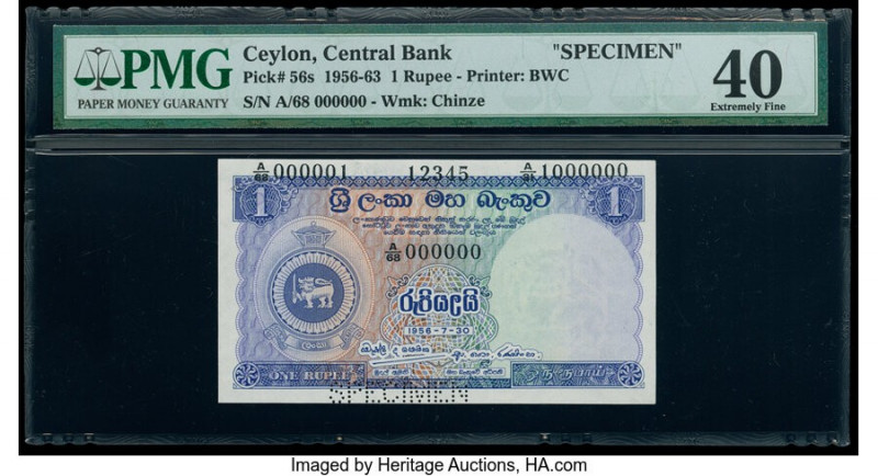 Ceylon Central Bank of Ceylon 1 Rupee 30.7.1956 Pick 56s Specimen PMG Extremely ...