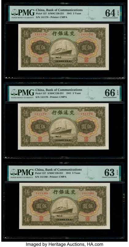 China Bank of Communications 5 Yuan 1941 Pick 157 S/M#C126-251 Three Consecutive...