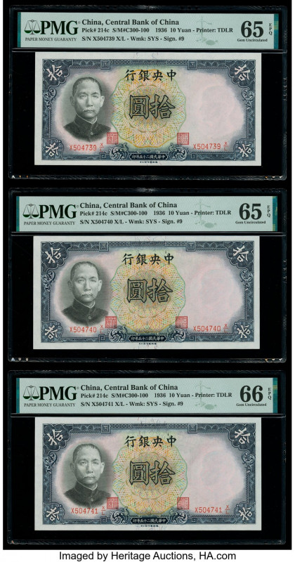 China Central Bank of China 10 Yuan 1936 Pick 214c S/M#C300-100 Three Consecutiv...
