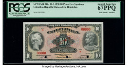 Colombia Banco de la Republica 10 Pesos Oro 22.3.1938 Pick 342s Specimen PCGS Superb Gem New 67PPQ. Cancelled with 3 punch holes. 

HID09801242017

© ...