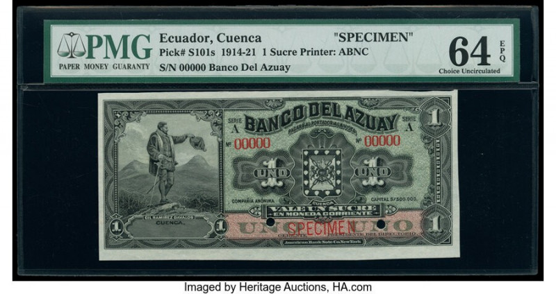 Ecuador Banco del Azuay 1 Sucre 1914-21 Pick S101s Specimen PMG Choice Uncircula...