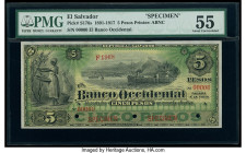 El Salvador Banco Occidental 5 Pesos 1891 Pick S176s Specimen PMG About Uncirculated 55. Cancelled with 3 punch holes, pinholes and annotations. 

HID...