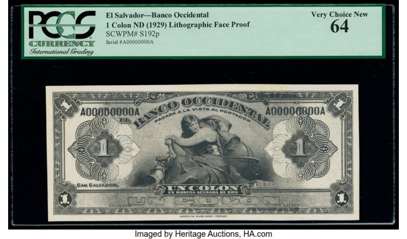 El Salvador Banco Occidental 1 Colon ND (1929) Pick S192fp Front Proof PCGS Very...