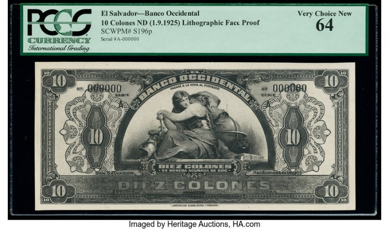 El Salvador Banco Occidental 10 Colones ND (1925) Pick S196fp Front Proof PCGS V...