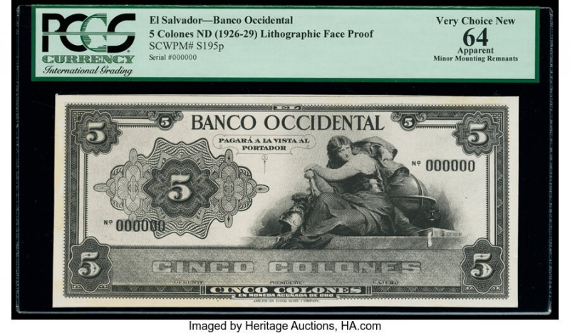 El Salvador Banco Occidental 5 Colones ND (1926-29) Pick S195fp Front Proof PCGS...