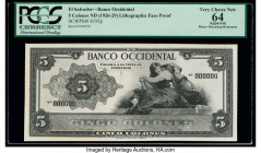 El Salvador Banco Occidental 5 Colones ND (1926-29) Pick S195fp Front Proof PCGS Apparent Very Choice New 64. Minor mounting remnants are noted on thi...