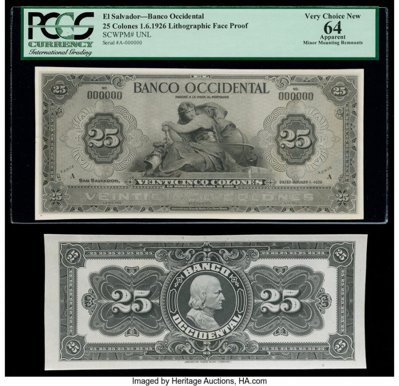 El Salvador Banco Occidental 25 Colones 1.6.1926; ND Pick UNL (2) Two Proofs PCG...
